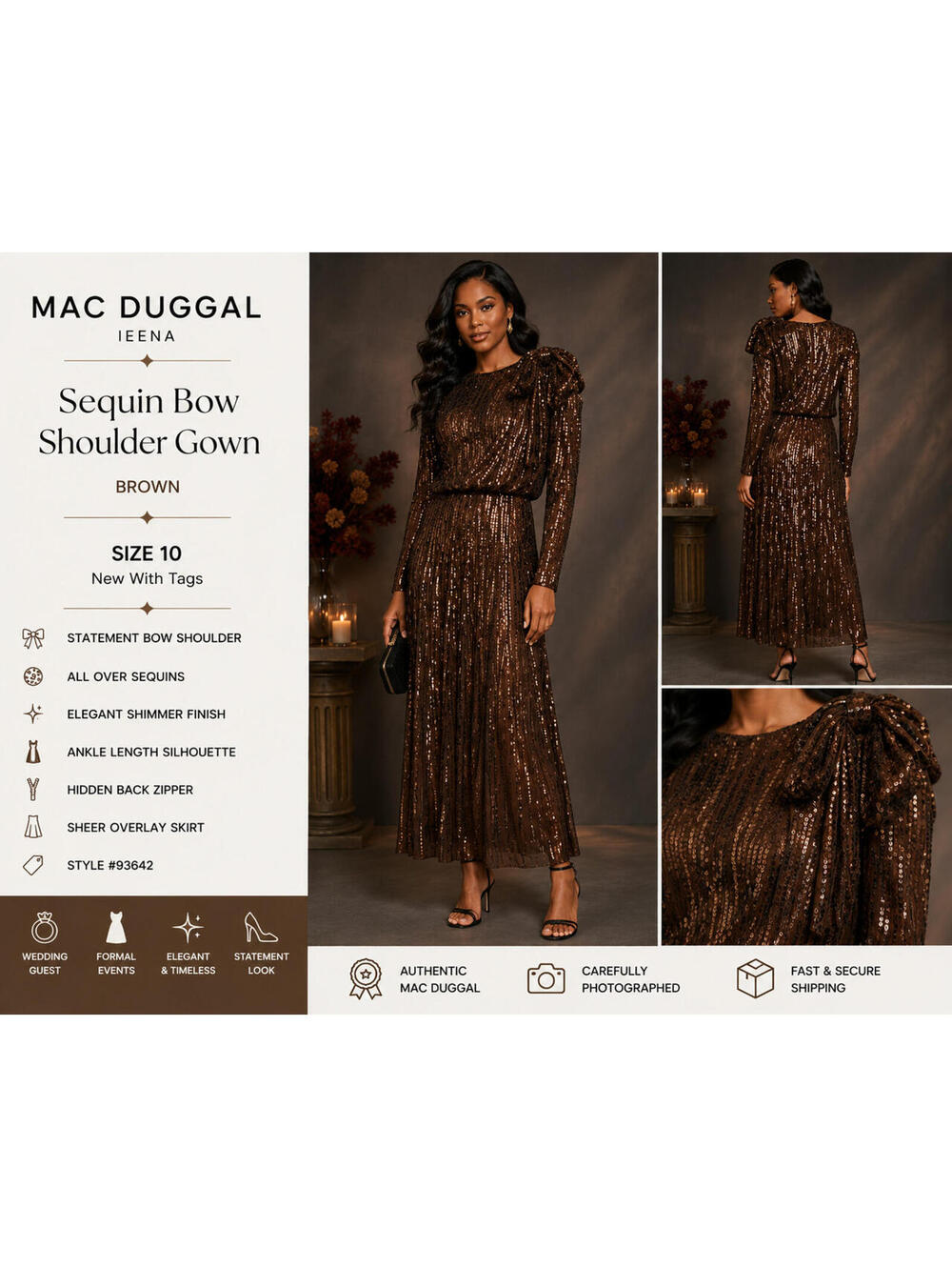 Mac Duggal Brown Sequin Bow-Shoulder Ankle-Length Gown